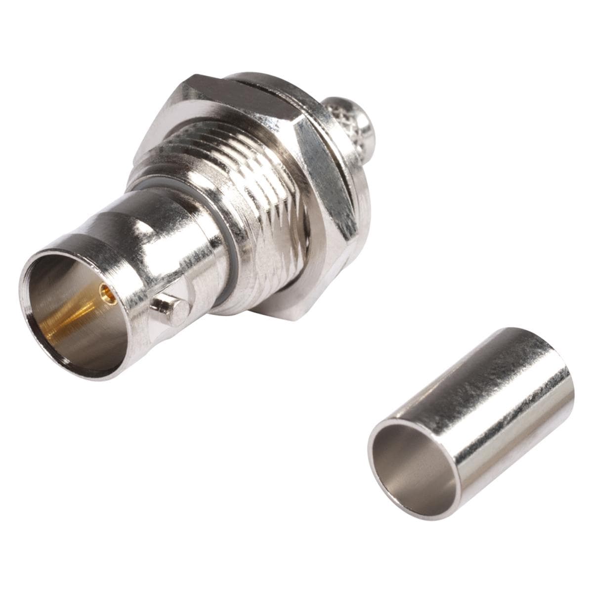 HICON BNC crimp-female connector 0.8/3.7, ground isolated, thread 1/2", nickel coloured