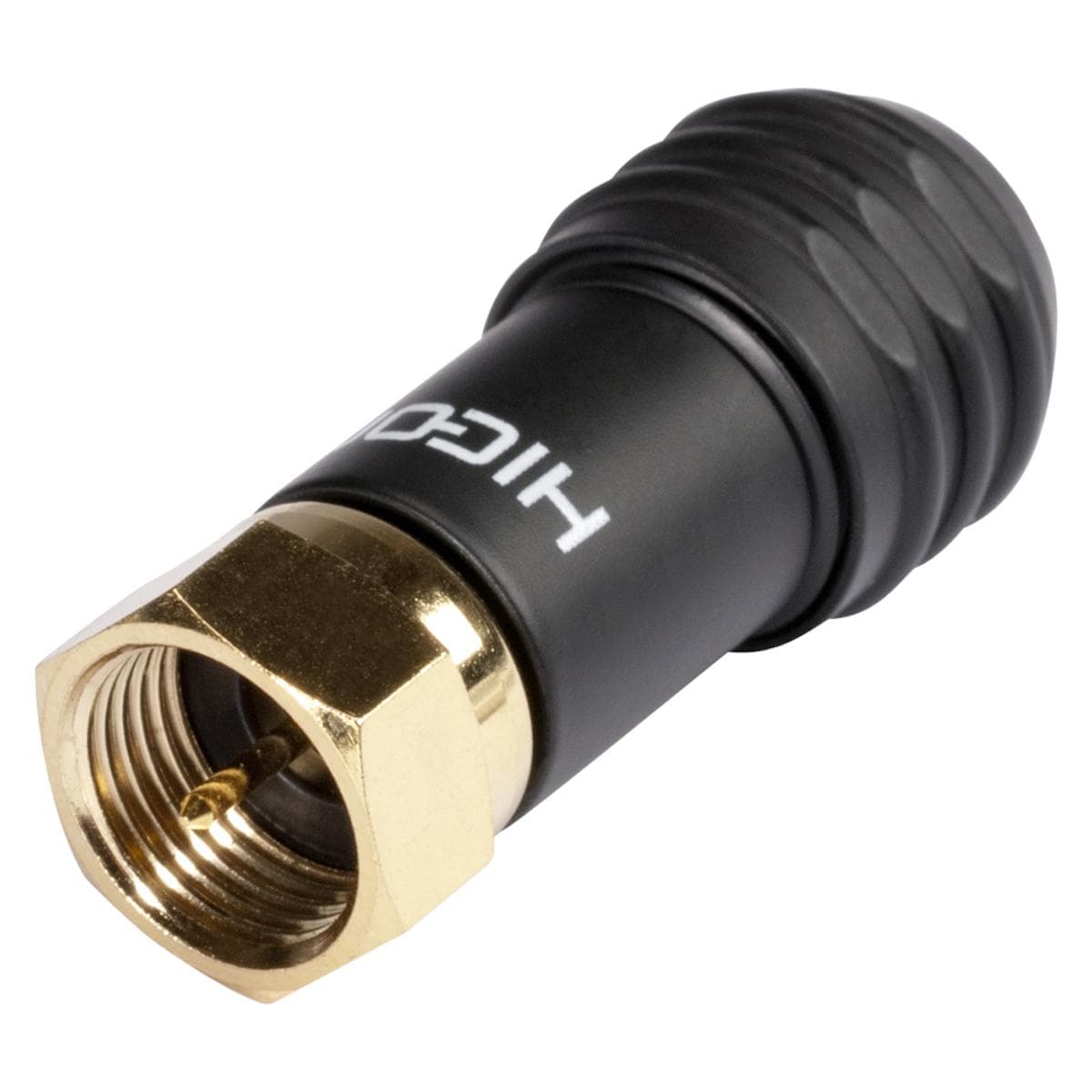 HICON F-plug, 2-pole , metal, screw-type-male connector, gold plated contact(s), straight, black mat