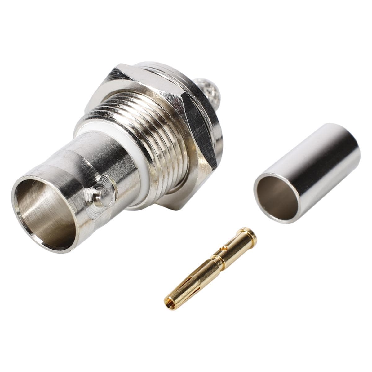 HICON BNC crimp-female connector 0.6/2.8, ground isolated, thread 1/2", nickel coloured