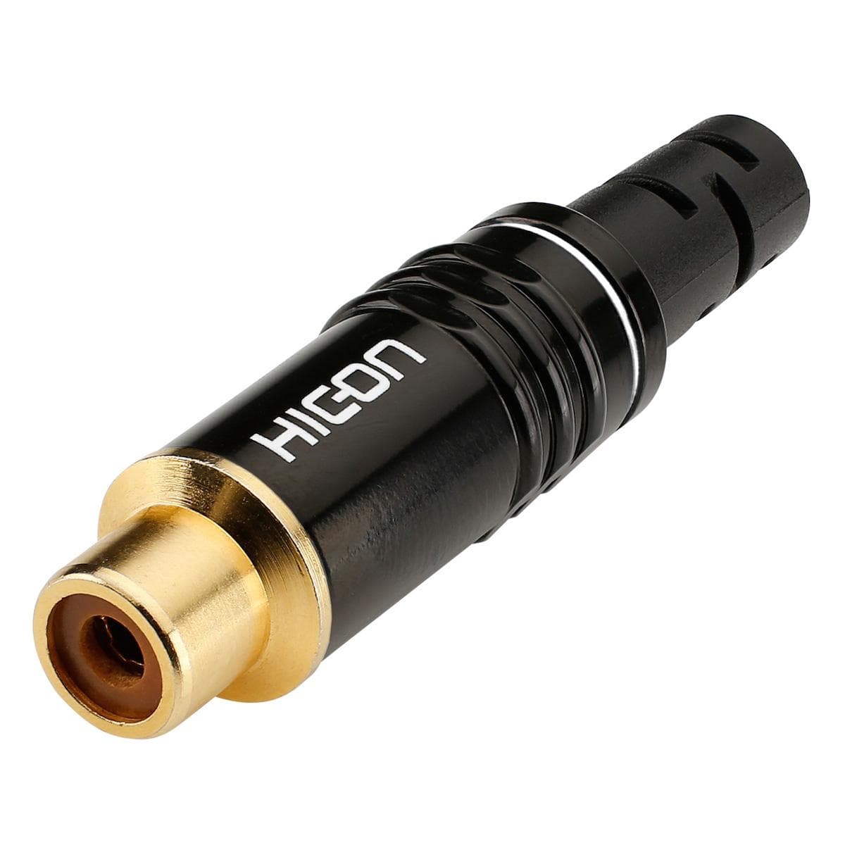 HICON RCA, 2-pole , metal, Soldering-female connector, hard gold-plated contact(s), straight, black