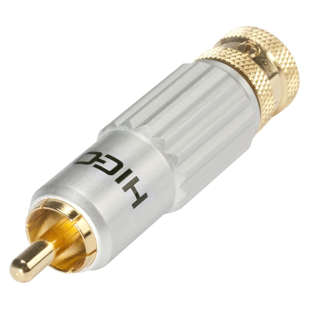 HICON RCA/phono connector, collet lock fixture, 2-pole, metal, gold plated contact(s), Velvet Chrome