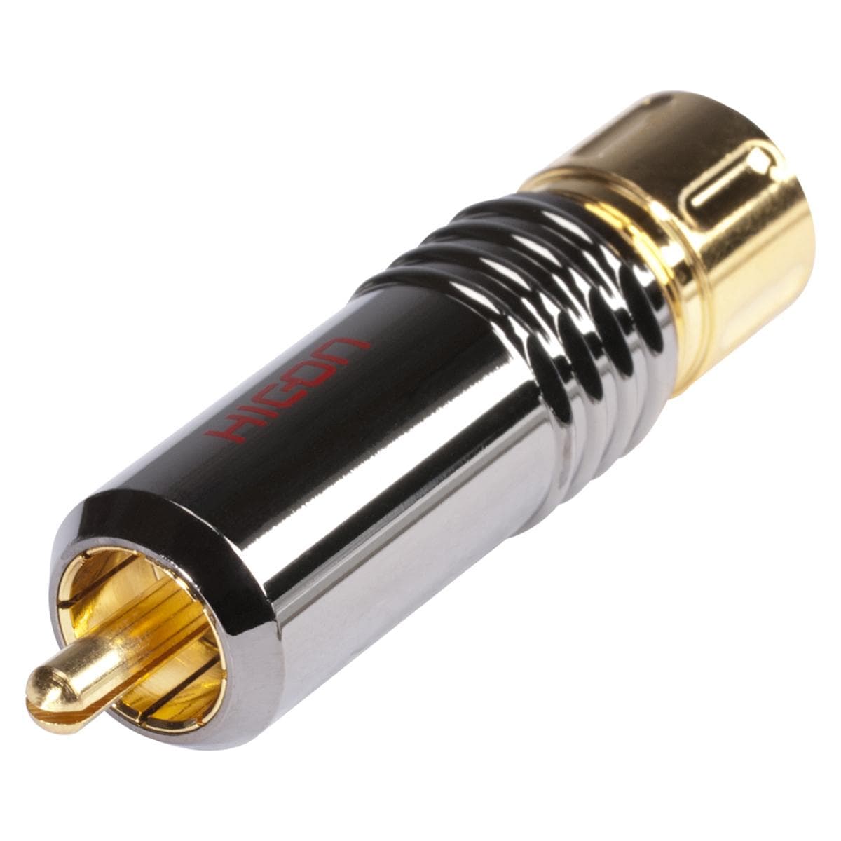 HICON RCA/phono connector, collet lock fixture, 2-pole, metal, gold plated contact(s), chrome