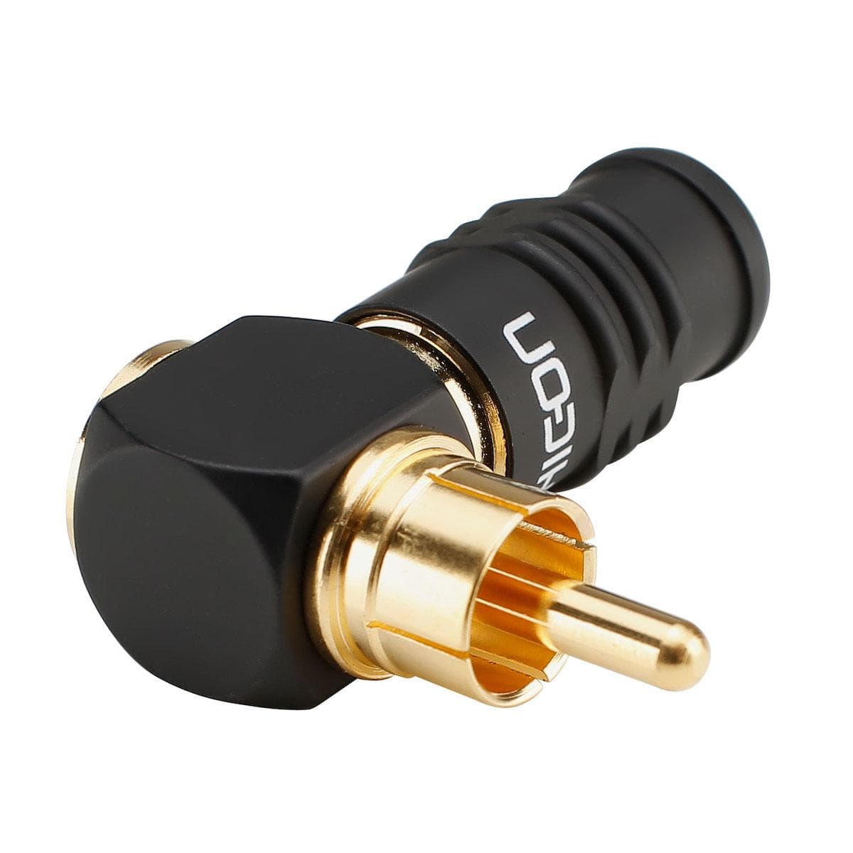 HICON RCA screw & play, 2-pole , metal, hard gold-plated contact(s), 90° angled, black