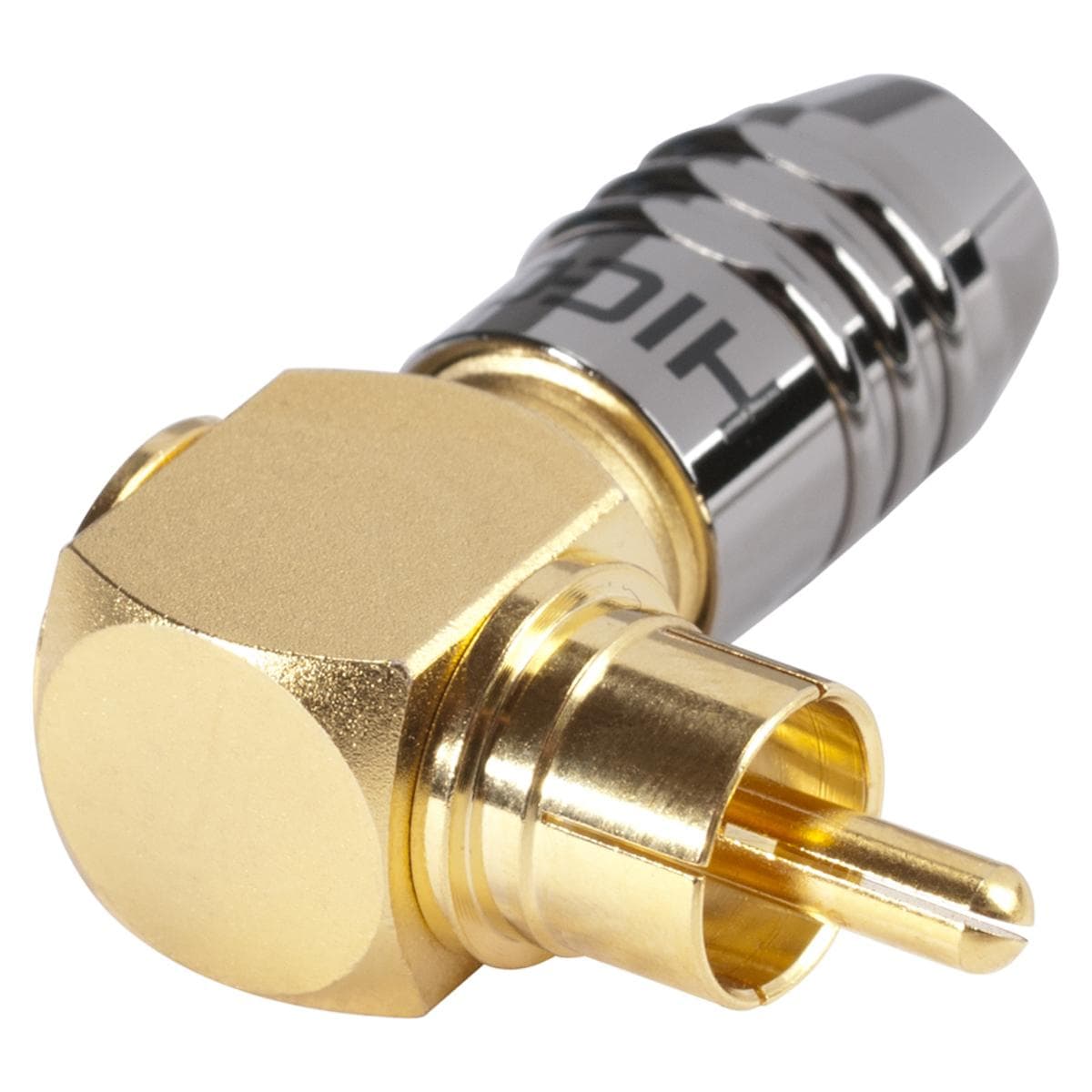 HICON RCA, 2-pole , metal, screw-type-male connector, gold plated contact(s), angled, chrome