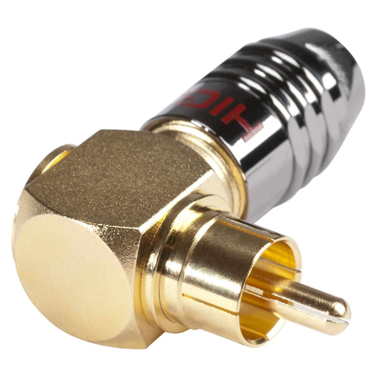 HICON RCA, 2-pole , metal, screw-type-male connector, gold plated contact(s), angled, chrome