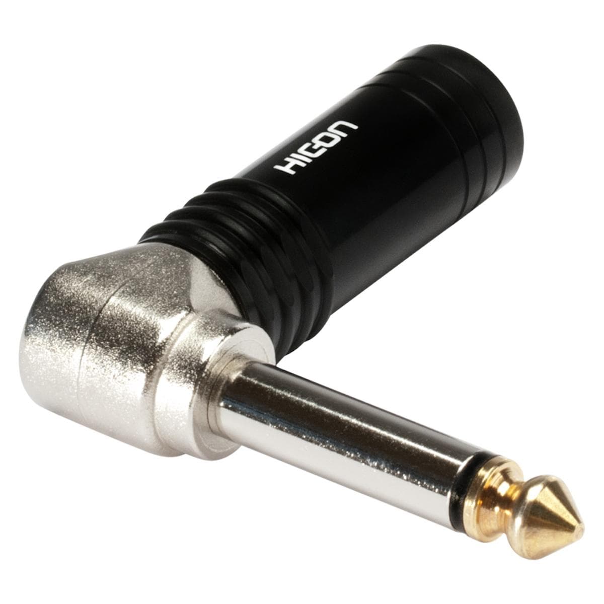 HICON jack (6,3mm) 2-pole metal male connector, nickel plated with Goldtip pin, angled, black