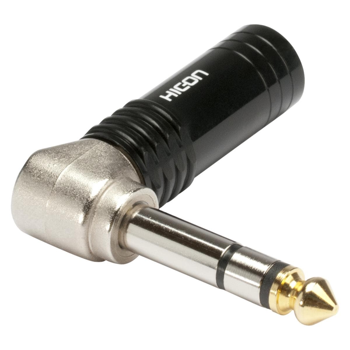 HICON jack (6,3mm) 3-pole metal male connector, nickel plated with Goldtip pin, angled, black