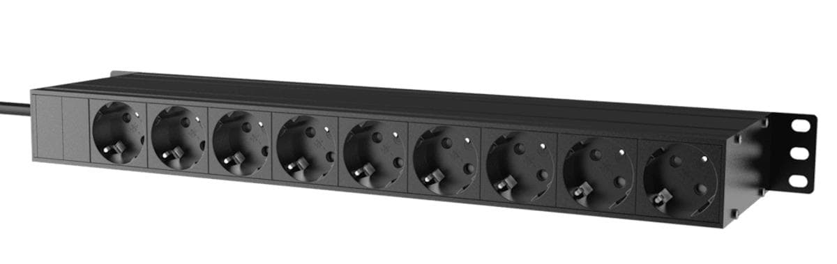 19" power distribution - 9 x German sockets - Light/USB/Fuse/Surge/Display Black version