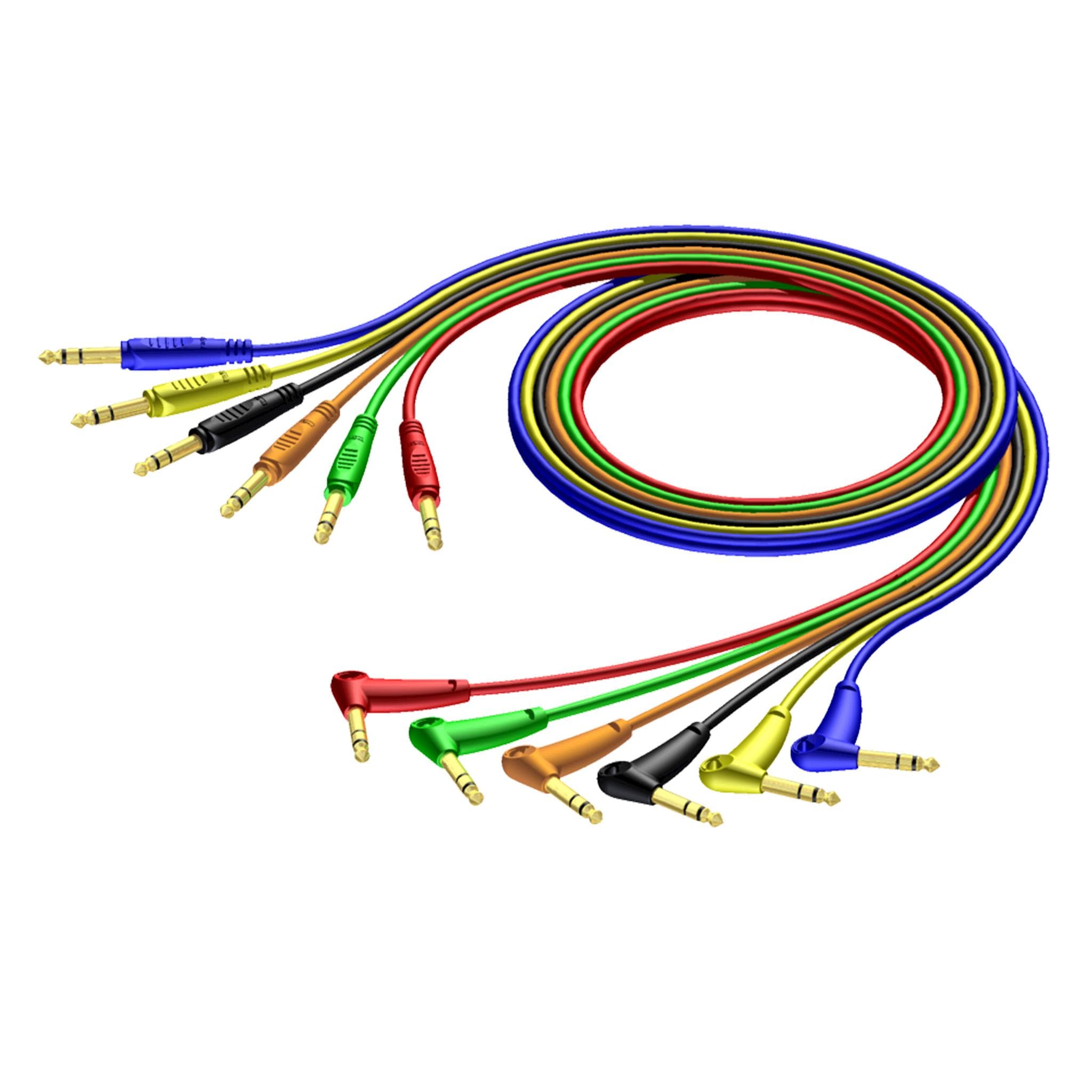 6.3 mm Jack male stereo - 6.3 mm Jack angled male stereo - cable set of 6 colours 0.9 meter - hanger